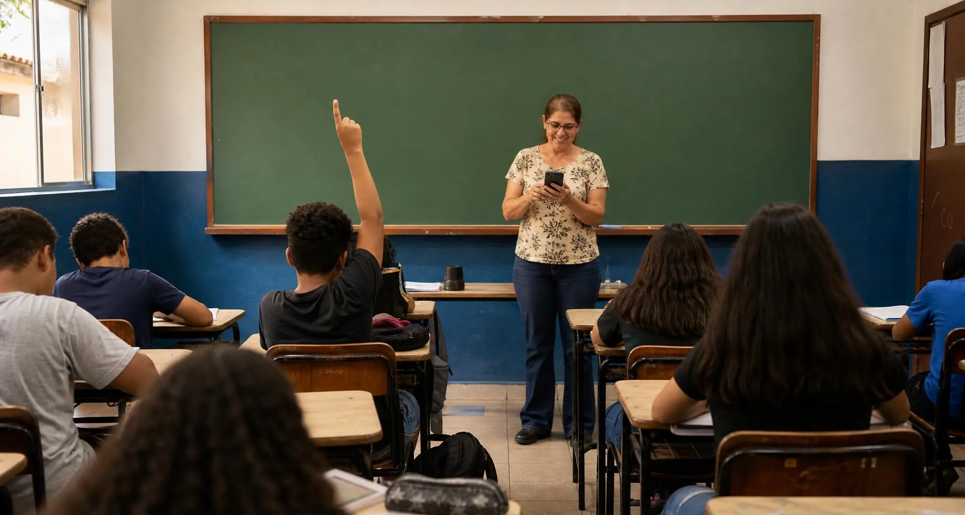 Professora usando o Chamada Digital App em sala de aula